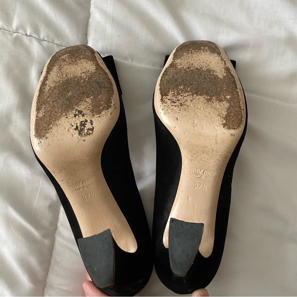 Miu Miu Black Suede Bow Peep Toe Pump - Picture 7 of 8